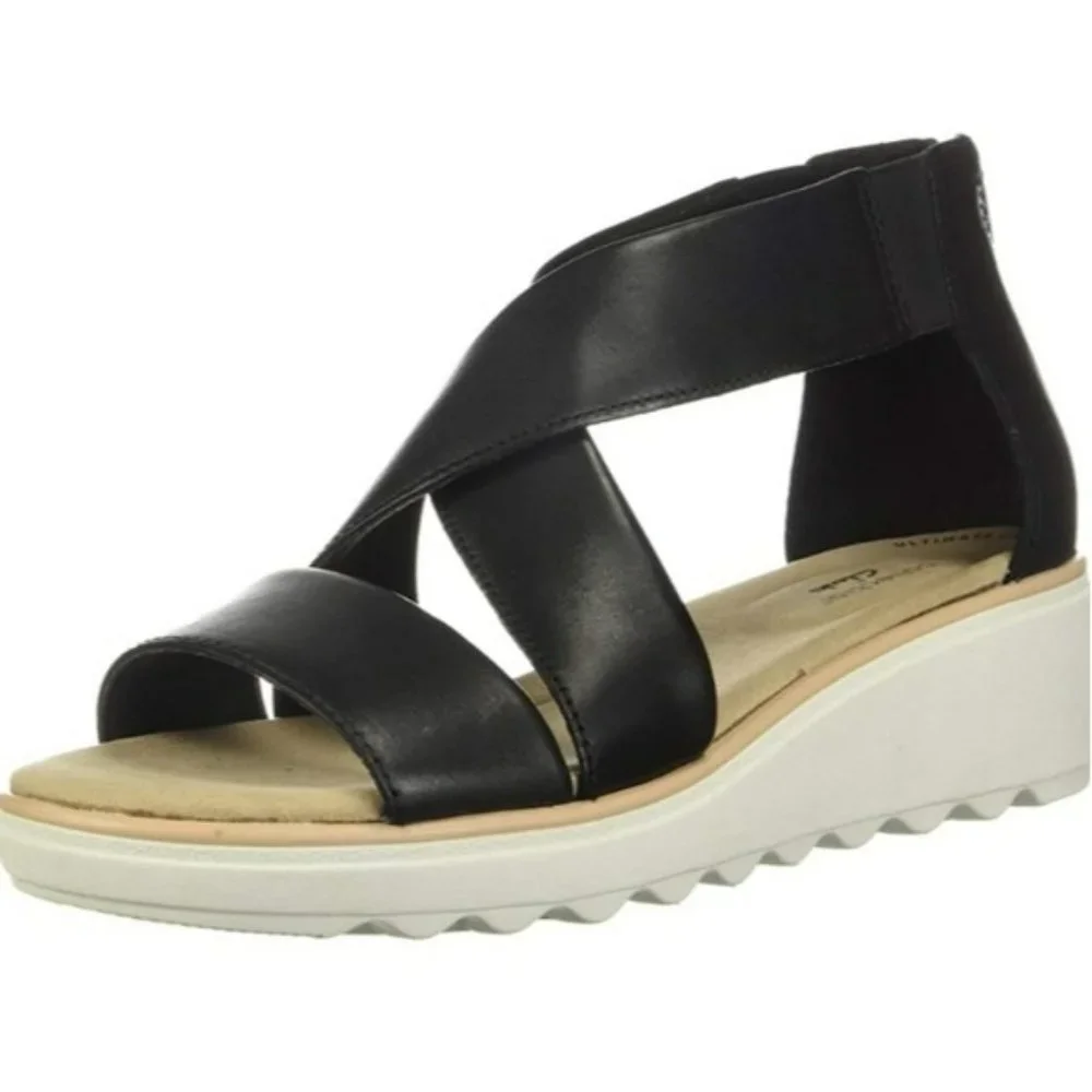 Clarks Jillian Rise Wedge Sandals Black Leather -6 - Picture 1 of 8